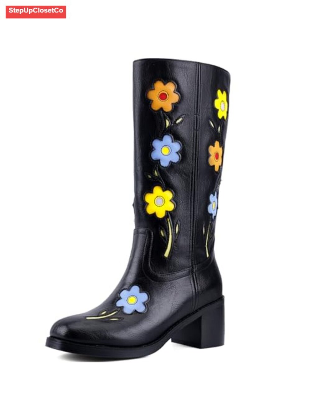 Women's Floral Embroidered Knee High Boots Chunky Heel Fashion Boots